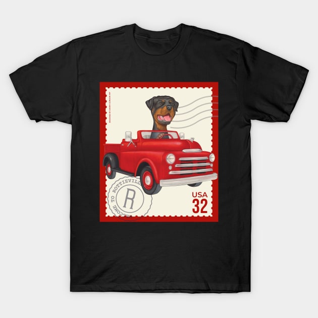 Funny Rottweiler Dog driving a cute classic truck T-Shirt by Danny Gordon Art